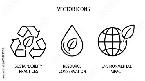 Environmental Sustainability Icons Featuring Conservation Practices and Ecological Impact Symbols