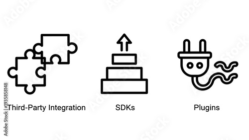 Software integration and development icons representing third party connectivity, software development kits SDKs, and modular plugins.