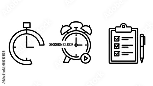 Time management and productivity icon set featuring stopwatch timer, session clock, and daily task checklist with pen.