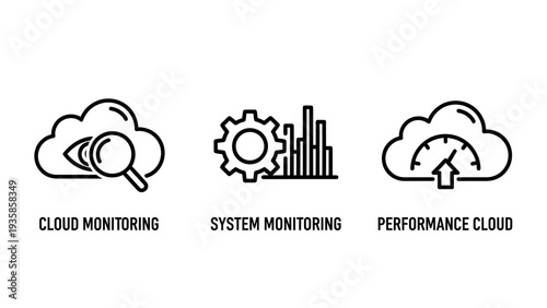 Cloud System Monitoring and Performance Analytics Icons for Network Speed and Infrastructure Health