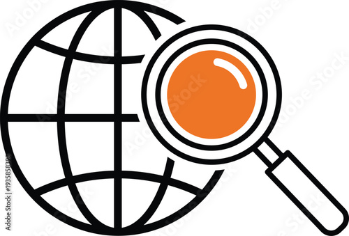 Globe with magnifying glass searching for information on white background research