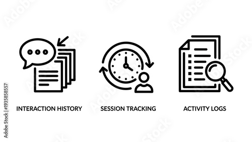 User data tracking and activity monitoring icons showing interaction history, session duration with clock and activity logs for system analysis.