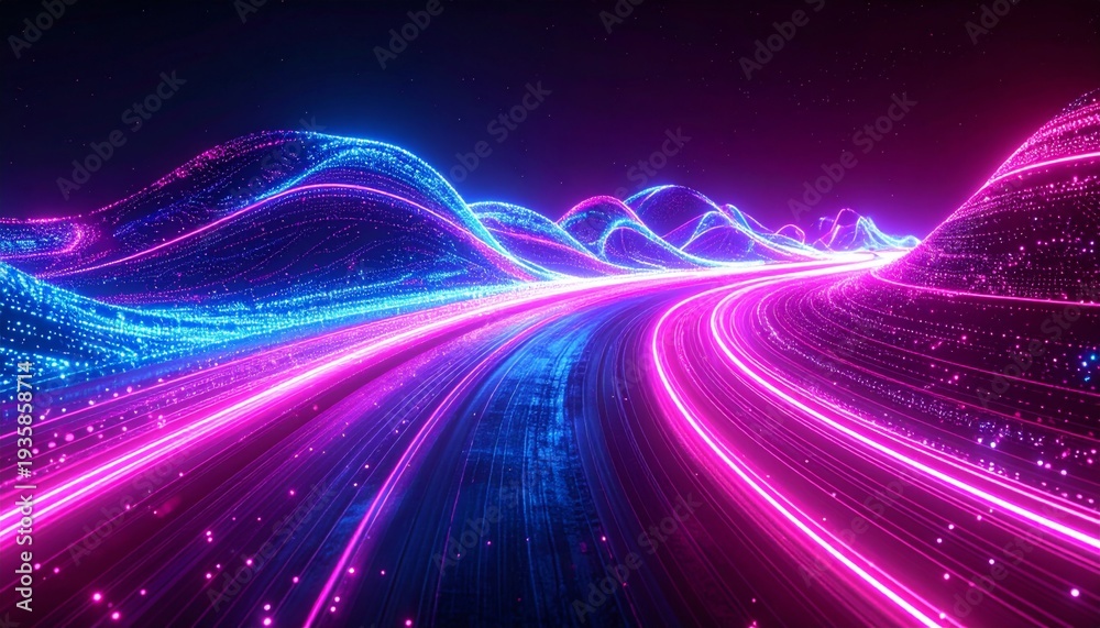 Fototapeta premium Abstract Neon Landscape with Glowing Pink and Blue Particles on Dark Background