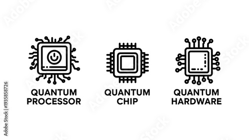 Quantum Computing Technology Icons including Processor Microchip and Electronic Hardware Hardware