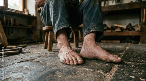 Weathered bare feet of an elderly artisan in workshop