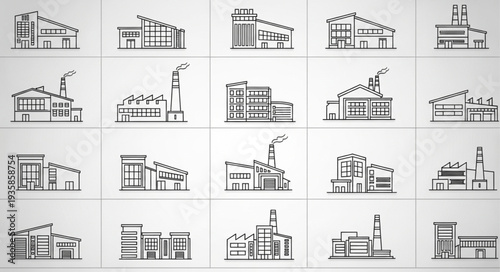 Collection of Industrial Building Silhouettes in Black and White.