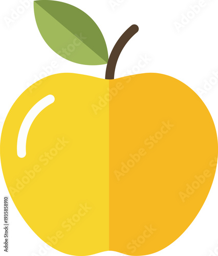 Simple yellow apple with green leaf and brown stem on white background fruit food healthy