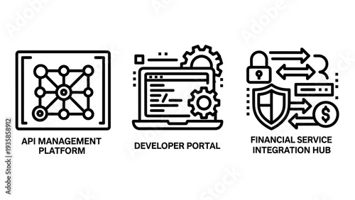 API management platform and developer portal icons set featuring financial service integration hub diagrams for fintech software development