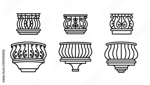 Architectural balcony and railing design icons collection in various ornate and classic metal styles for building renovation