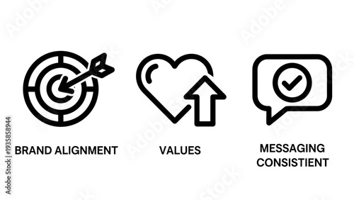 Business brand strategy icons representing brand alignment core values and consistent messaging for corporate identity