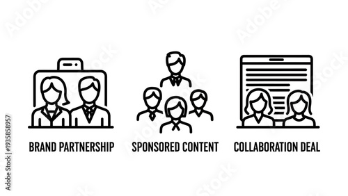 Influencer marketing and business partnership icons for sponsored content brand collaboration deals and networking