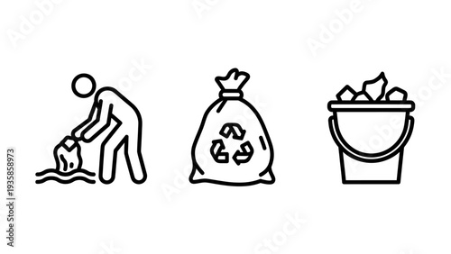 Environmental Protection and Waste Management Icons Depicting Person Cleaning Trash, Recycling Bag, and Disposal Bin
