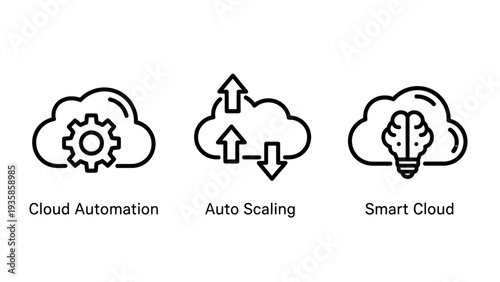 Cloud Computing Automation and Smart Scaling Icons Representing Artificial Intelligence and Data Network Optimization