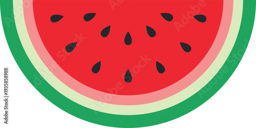Slice of ripe red watermelon with dark seeds and green rind fruit food