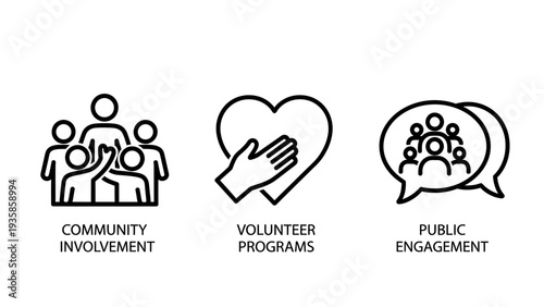 Community Involvement and Volunteer Program Icons for Social Engagement, Charity Support, and Public Outreach Branding