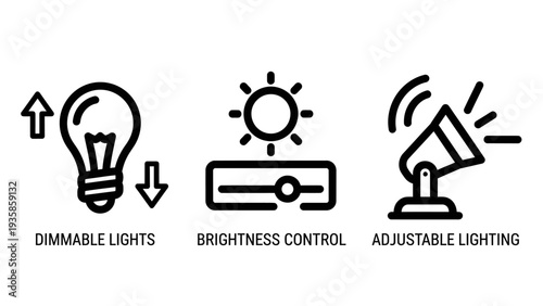 Smart Lighting Control Icons including Dimmable Light Bulb, Brightness Slider Adjustment, and Directional Spotlight for Home Automation