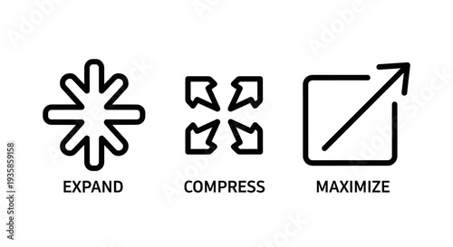 Scalable vector icons for data management and user interface design representing expand, compress, and maximize functions