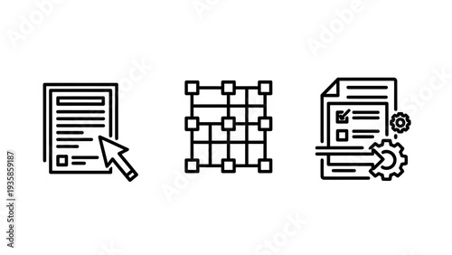 Digital document processing and network structure icons representing file selection, grid systems, and workflow automation