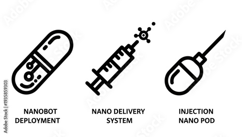 Medical nanotechnology icons featuring nanobot deployment nano delivery system and injection nano pod for futuristic healthcare concepts