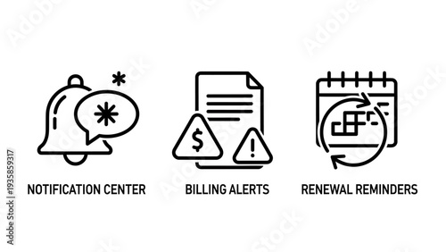 Subscription management icons for notification center billing alerts and renewal reminders for mobile app and website interface