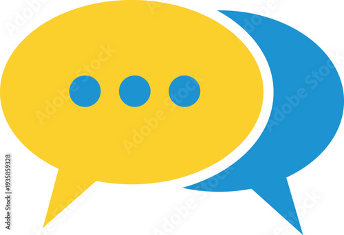 Yellow and blue speech bubbles with three blue dots inside chat communication dialogue message