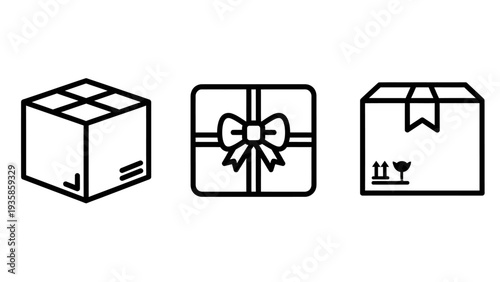 Logistics and delivery icons including shipping cardboard box and gift box with ribbon for e-commerce and retail concepts
