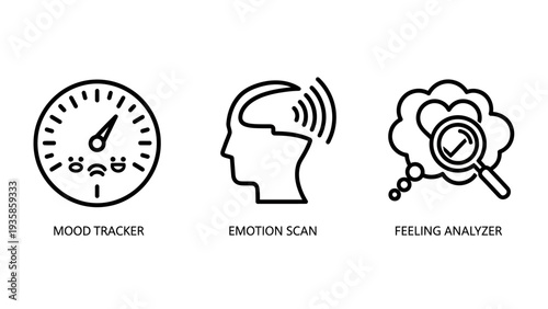Psychology and mental health icons for mood tracker emotion scan and feeling analyzer for wellbeing and self-care applications