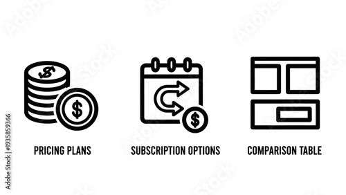 Business financial icons set featuring pricing plans, subscription options, and product comparison table symbols for e-commerce and marketing