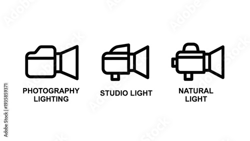 Professional photography lighting icons set including studio light and natural lighting symbols for film and video production line art