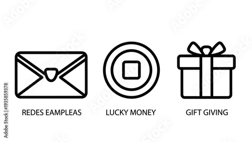 Cultural gift giving icons set featuring traditional lucky money coin, envelope, and wrapped present symbols for celebrations and holidays