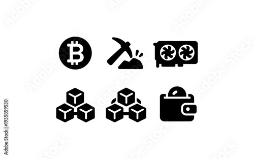 Cryptocurrency icons: Bitcoin, mining, GPU, blockchain, and wallet