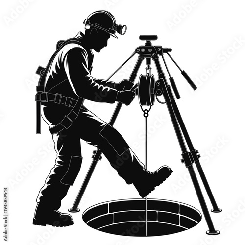 Industrial worker operating confined space retrieval system with tripod and winch