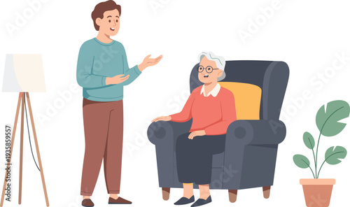 Young man talking with elderly woman sitting in armchair home conversation support concept flat vector illustration isolated background