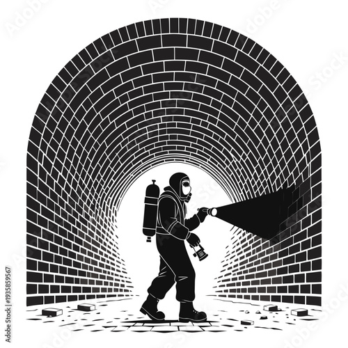 Hazardous materials worker in protective suit illuminating a brick tunnel with a flashlight and carrying a breathing apparatus