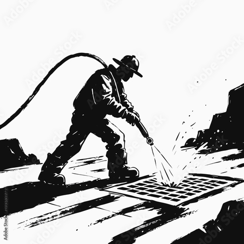 sewer drain cleaning worker spraying water into street grate, urban drainage maintenance service illustration