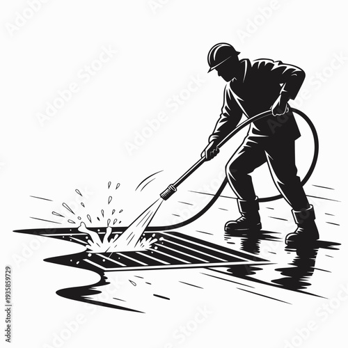 sewer drain cleaning worker using high pressure water, underground drainage maintenance service, street sewer system cleaning work