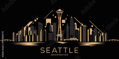 USA, US, U.S, United States - Luxury black and gold Seattle skyline silhouette ultra-wide panoramic vector poster
