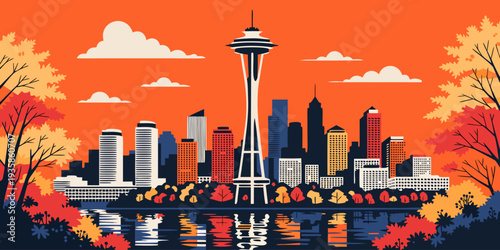 USA, US, U.S, United States - Seattle skyline autumn foliage framing city panoramic flat vector design 
