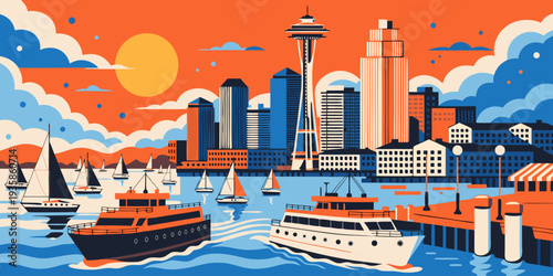 USA, US, U.S, United States - Seattle waterfront harbor with ferries and skyline golden hour ultra-wide layered flat vector
