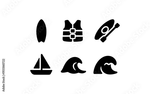 Collection of water sport icons including surfboard, life vest, kayak, sailboat, and waves