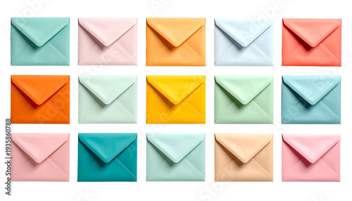 A grid of fifteen colorful closed envelopes in various pastel shades