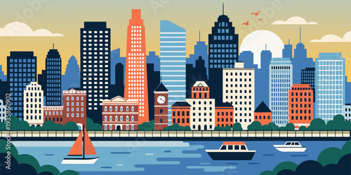 USA, US, U.S, United States - Boston skyline sunrise over Charles River, soft pastel gradient sky, ultra-wide panoramic flat vector 
