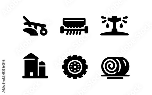 Collection of agricultural icons representing farming equipment and structures
