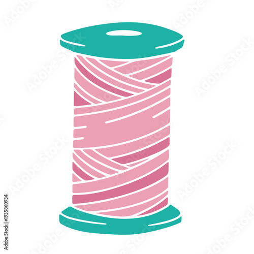 A vector graphic illustration of a spool of pink thread with a teal base and top