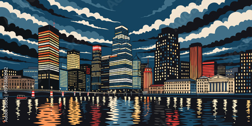 USA, US, U.S, United States - Boston skyline night lights reflection on river cinematic ultra-wide vector
