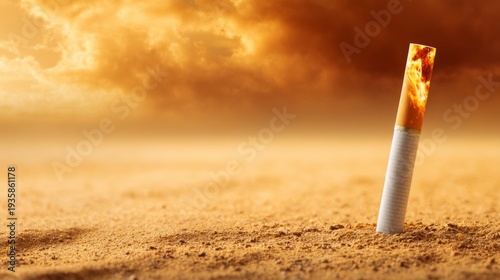 Fiery Cigarette Artwork Symbolizing Antismoking Awareness in Desert Landscape