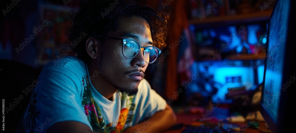 Obraz premium Man using computer at night.