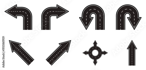 road direction arrows with dashed lane markings showing left turn, right turn, u turn, diagonal arrows and roundabout navigation. useful for traffic navigation, road guidance, route planning and trans
