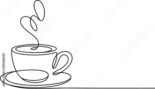 Steaming hot coffee cup with a saucer rendered in a elegant continuous line drawing style