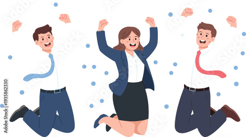 Excited business colleagues jumping celebrating success together flat vector illustration isolated on light background corporate achievement concept